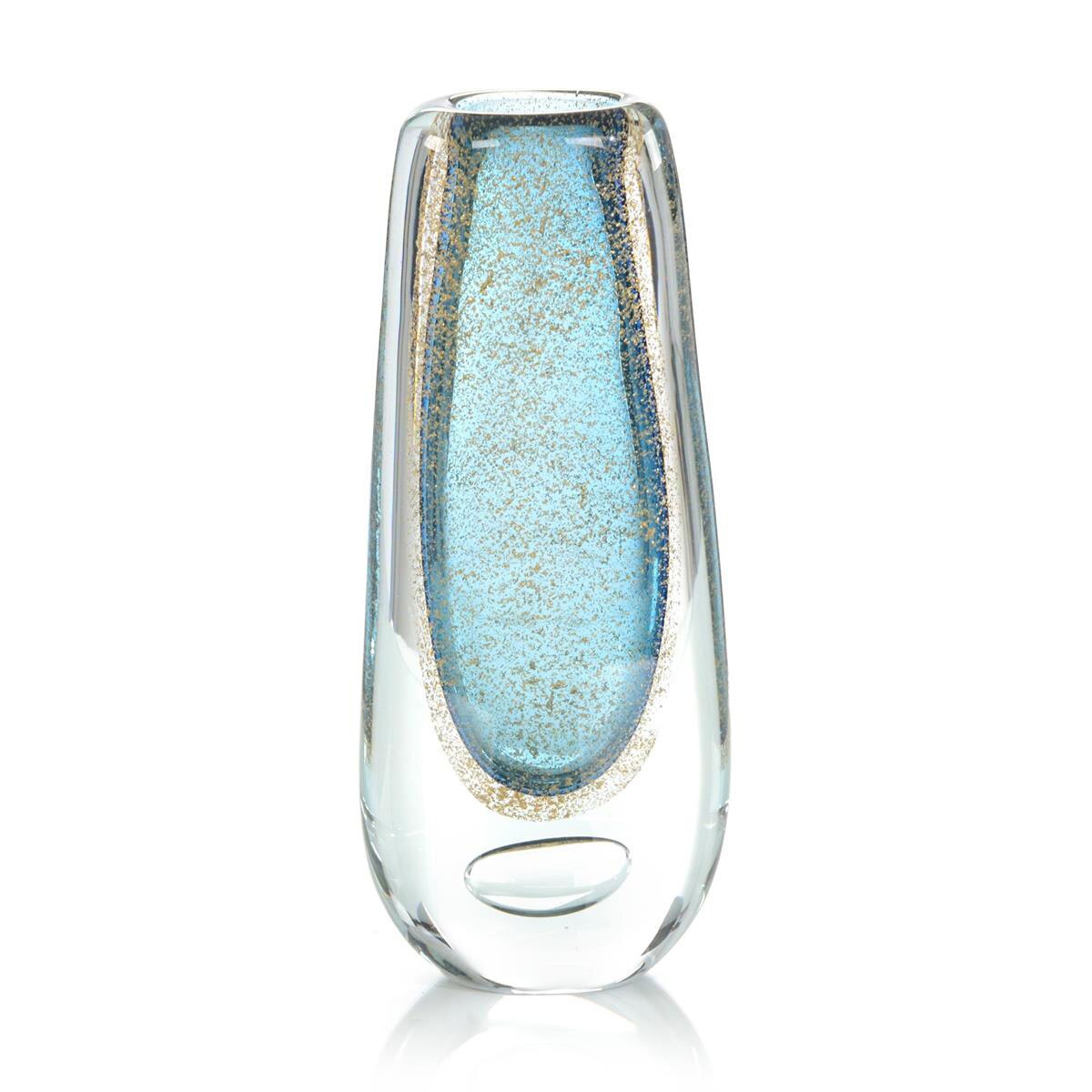 14" Hand-Blown Gold Flecked Blue Glass Vase