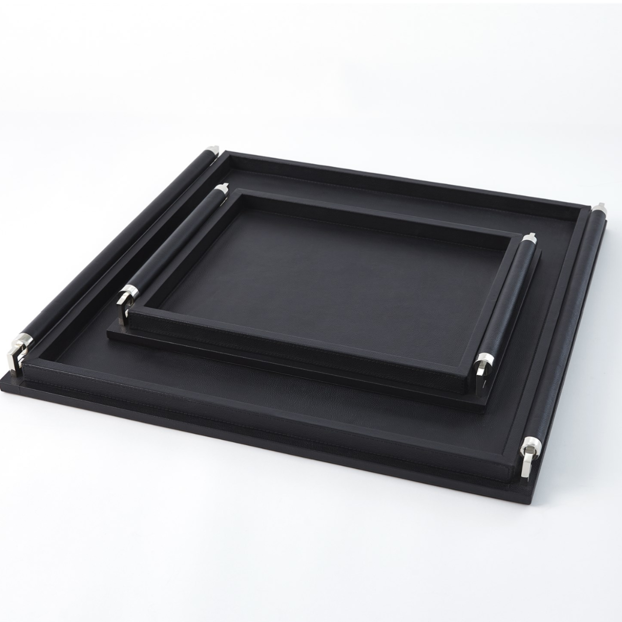 Large Black Leather Serving Tray with Wrapped Handle