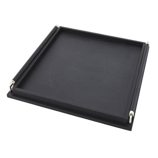 Large Black Leather Serving Tray with Wrapped Handle