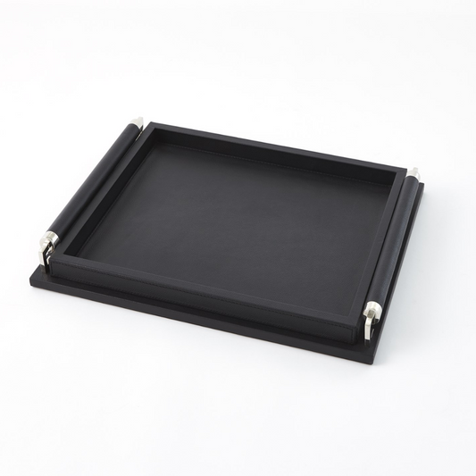 Small Black Leather Serving Tray with Wrapped Handle